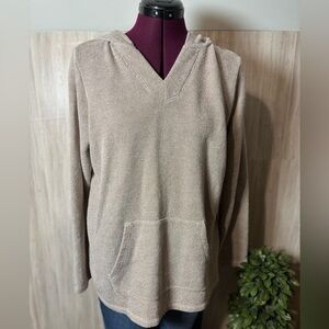 D & Co Elegant Beige White V-Neck Hooded Sweater for Women
